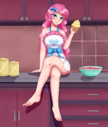 Size: 1700x2000 | Tagged: suggestive, alternate version, artist:focusb, derpibooru import, pinkie pie, human, equestria girls, equestria girls series, the craft of cookies, spoiler:eqg series (season 2), apron, barefoot, breasts, clothes, crossed legs, cupcake, feet, female, food, humanized, kitchen, legs, looking at you, naked apron, sexy, sitting, skirt, smiling, solo, solo female
