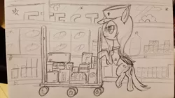 Size: 1008x570 | Tagged: safe, artist:aeropegasus, derpibooru import, oc, oc:aero pegasus, pegasus, pony, bipedal, bored, cap, cart, clothes, female, glasses, groceries, grocery store, hat, job, mare, pushing, solo, store, traditional art, vest, wip, working