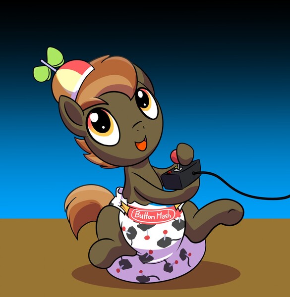 Size: 1248x1280 | Tagged: suggestive, artist:foxypoof, artist:warpwarp1929, derpibooru import, button mash, pony, beanie, buttonbetes, colt, controller, cute, diaper, diaper fetish, fetish, foal, gaming, hat, male, poofy diaper, simple background, solo, solo male
