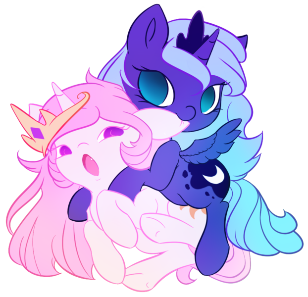 Size: 978x943 | Tagged: safe, artist:miniaru, derpibooru import, princess celestia, princess luna, alicorn, pony, biting, cewestia, cute, cute little fangs, cutelestia, ear bite, fangs, female, filly, hooves, lunabetes, nom, open mouth, pink-mane celestia, raised hoof, raised leg, simple background, transparent background, underhoof, woona, younger