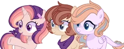 Size: 1024x409 | Tagged: safe, artist:moon-rose-rosie, derpibooru import, oc, oc:andrea candy, oc:moonlight sparkle, oc:violet gemstone, unofficial characters only, earth pony, hybrid, pony, unicorn, female, filly, offspring, offspring's offspring, parent:oc:celestial moon, parent:oc:chocolate sprinkles, parent:oc:crystal, parent:oc:daniel, parent:oc:magnolia, parent:oc:shining ray, parents:oc x oc, simple background, transparent background