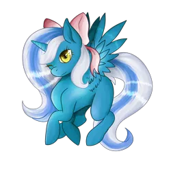 Size: 2240x2200 | Tagged: safe, artist:batreiis, derpibooru import, oc, oc:fleurbelle, unofficial characters only, alicorn, pony, adorabelle, adorable face, alicorn oc, bow, commission, cute, female, flying, hair bow, horn, mare, one eye closed, ribbon, wings, wink, yellow eyes