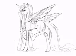 Size: 738x542 | Tagged: safe, artist:madhotaru, derpibooru import, princess celestia, alicorn, pony, female, grayscale, looking at you, looking back, looking back at you, mare, missing accessory, missing cutie mark, monochrome, raised hoof, simple background, solo, white background