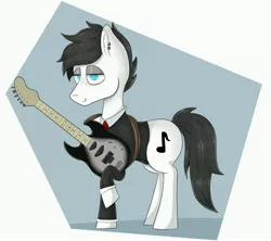 Size: 4978x4425 | Tagged: absurd resolution, artist:waffletheheadmare, black mane, blue eyes, clothes, cutie mark, derpibooru import, ear piercing, earring, electric guitar, guitar, half-closed eyes, jewelry, male, musical instrument, necktie, oc, oc:joe, piercing, safe, short mane, simple background, smiling, stallion, strings, suit, unofficial characters only, white coat