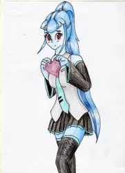 Size: 2508x3461 | Tagged: safe, artist:40kponyguy, derpibooru import, sonata dusk, equestria girls, boots, clothes, cosplay, costume, crossover, cute, hatsune miku, heart, looking at you, miniskirt, necktie, pleated skirt, ponytail, shoes, simple background, skirt, socks, solo, thigh boots, thigh highs, traditional art, vocaloid, white background, zettai ryouiki