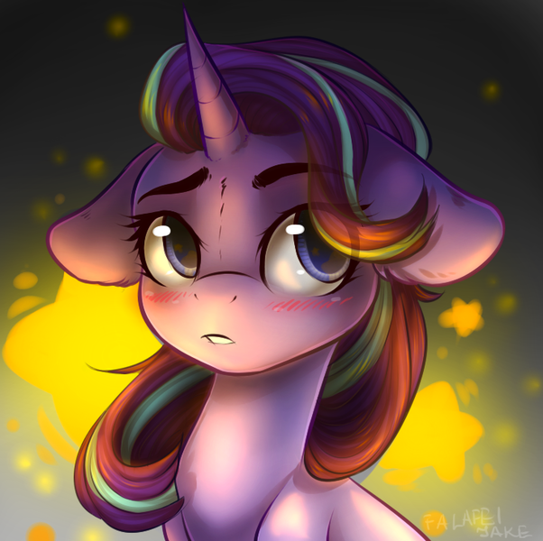 Size: 729x727 | Tagged: safe, artist:falafeljake, derpibooru import, starlight glimmer, pony, unicorn, abstract background, blushing, bust, cute, ear fluff, eyebrows, female, floppy ears, fluffy, glimmerbetes, glow, lip bite, looking at you, mare, portrait, sitting, solo, stars