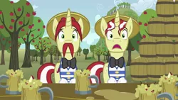 Size: 1280x720 | Tagged: safe, derpibooru import, screencap, flam, flim, pony, unicorn, the super speedy cider squeezy 6000, apple, apple tree, barrel, bowtie, cider, cutie mark, flim flam brothers, food, garden, hat, horn, male, shocked, stallion, sweet apple acres, tankard, tree