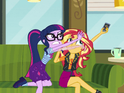 Size: 800x600 | Tagged: safe, derpibooru import, screencap, sci-twi, sunset shimmer, timber spruce, twilight sparkle, equestria girls, equestria girls series, text support, adorable distress, adorkable, animated, bully, clothes, crossed legs, cute, dork, flailing, geode of empathy, geode of telekinesis, gif, glasses, implied shipping, implied straight, implied timbertwi, jewelry, keep away, magical geodes, majestic as fuck, necklace, phone, tantrum, text support: sunset shimmer, twilighting