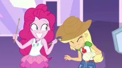 Size: 1920x1080 | Tagged: safe, derpibooru import, screencap, applejack, pinkie pie, constructive criticism, equestria girls, equestria girls series, applejack's hat, bandage, broken hand, clothes, constructive criticism: pinkie pie, cowboy hat, cute, denim skirt, diapinkes, drumsticks, duo, duo female, female, geode of sugar bombs, geode of super strength, hat, jackabetes, magical geodes, skirt