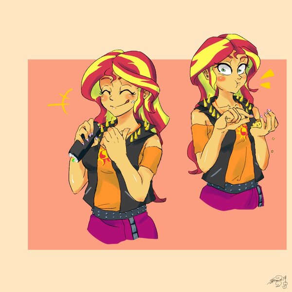 Size: 1000x1000 | Tagged: safe, artist:sozglitch, derpibooru import, sunset shimmer, human, equestria girls, equestria girls series, blushing, clothes, cute, eating, eyes closed, food, licking, licking lips, looking at you, shimmerbetes, signature, smiling, tongue out