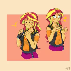 Size: 1000x1000 | Tagged: safe, artist:sozglitch, derpibooru import, sunset shimmer, human, equestria girls, equestria girls series, blushing, clothes, cute, eating, eyes closed, food, licking, licking lips, looking at you, shimmerbetes, signature, smiling, tongue out