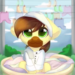 Size: 700x700 | Tagged: safe, artist:alphadesu, derpibooru import, oc, oc:calpain, unofficial characters only, earth pony, pony, clothes, cute, lab coat, laundry, laundry basket, male, solo