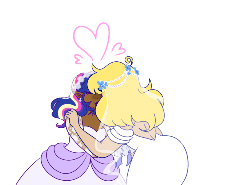 Size: 1280x1051 | Tagged: artist:cubbybatdoodles, clothes, derpibooru import, derpy hooves, ditzy doo, dress, female, human, humanized, kissing, lesbian, marriage, safe, shipping, simple background, transparent background, twerpy, twilight sparkle, wedding, wedding dress