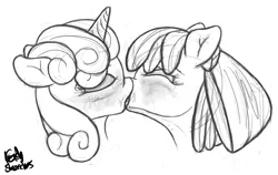 Size: 2000x1262 | Tagged: suggestive, artist:fetishsketches, derpibooru import, apple bloom, sweetie belle, pony, blushing, bow, female, females only, french kiss, kissing, lesbian, monochrome, shipping, signature, simple background, sweetiebloom, white background