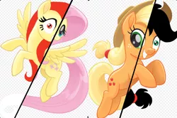 Size: 1452x963 | Tagged: safe, derpibooru import, applejack, fluttershy, earth pony, pegasus, pony, elements of insanity, alpha channel, applepills, element of generosity, element of honesty, element of kindness, element of laughter, element of loyalty, element of magic, elements of harmony, fluttershout, rearing