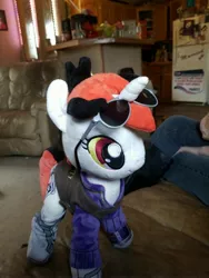 Size: 3024x4032 | Tagged: safe, derpibooru import, oc, oc:blackjack, unofficial characters only, pony, unicorn, fallout equestria, fallout equestria: project horizons, fanfic, armor, aviator glasses, clothes, fanfic art, female, hooves, horn, mare, pipbuck, plushie, security armor, socks, solo, sunglasses, vault security armor, vault suit