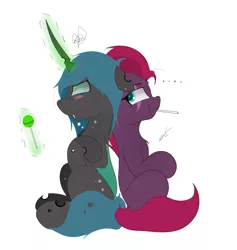 Size: 1844x1944 | Tagged: safe, artist:groomlake, derpibooru import, fizzlepop berrytwist, queen chrysalis, tempest shadow, changeling, changeling queen, pony, unicorn, blushing, broken horn, candy, colored, cute, cutealis, duo, duo female, eye scar, female, food, glowing horn, horn, levitation, lollipop, magic, mare, scar, sexy, signature, simple background, sitting, spots, stupid sexy chrysalis, telekinesis, tempestbetes, white background