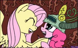 Size: 618x385 | Tagged: safe, artist:mohawkrex, artist:whysoseriouss, derpibooru import, fluttershy, pinkie pie, pony, comic:a piece of pie, cropped, female, filly, filly pinkie pie, younger