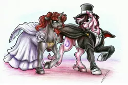 Size: 3444x2303 | Tagged: safe, artist:lupiarts, derpibooru import, oc, oc:curse word, oc:magpie, unofficial characters only, pony, 2018, anime, clothes, colored, commission, crossover, darien shields, dress, dressup, female, hat, lesbian, love, mane, mare, marriage, mask, princess serena (sailor moon), raised hoof, romance, sailor moon, serena tsukino, tuxedo, tuxedo mask, wedding