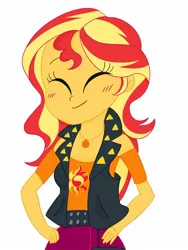 Size: 1200x1600 | Tagged: safe, artist:nene, derpibooru import, sunset shimmer, human, equestria girls, equestria girls series, blushing, clothes, cute, eyes closed, female, hand on hip, hnnng, jewelry, necklace, shimmerbetes, simple background, smiling, solo, white background