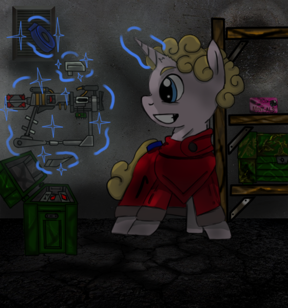 Size: 761x814 | Tagged: safe, artist:devorierdeos, derpibooru import, oc, unofficial characters only, pony, unicorn, fallout equestria, fanfic, drugs, energy weapon, fanfic art, glowing horn, grin, gun, handgun, hooves, horn, laser pistol, levitation, magic, magical energy weapon, male, mint-als, pistol, scribe, smiling, solo, stallion, steel ranger, steel ranger scribe, steel rangers, tape, telekinesis, weapon