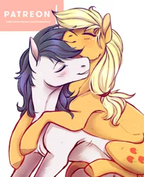 Size: 1447x1777 | Tagged: safe, artist:1an1, derpibooru import, applejack, oc, oc:constance everheart, earth pony, pony, blushing, canon x oc, everjack, eyes closed, female, hug, male, patreon, shipping, simple background, smiling, stallion, straight, white background