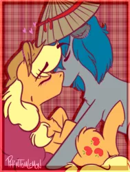 Size: 1273x1681 | Tagged: safe, artist:phantomlemon, derpibooru import, applejack, oc, oc:hiroki, earth pony, pony, canon x oc, commission, cowboy hat, eyes closed, female, hat, hirojack, kissing, male, mare, simple background, stallion, stetson, ych result