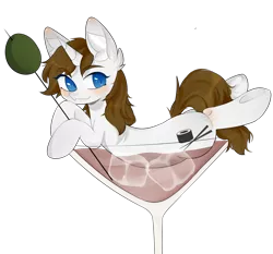 Size: 1110x1033 | Tagged: safe, artist:mvrkk, derpibooru import, oc, oc:flower star, pony, unicorn, alcohol, blue eyes, cocktail, commission, cute, drink, female, fluffy, food, mare, martini, smiling, solo, sushi, thick, white coat, ych result