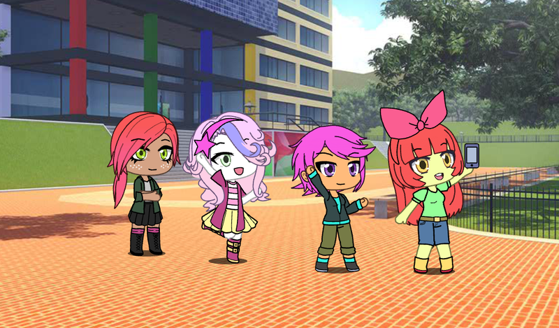 Size: 1024x600 | Tagged: safe, artist:shinmegamitenseishy, derpibooru import, apple bloom, babs seed, scootaloo, sweetie belle, equestria girls, adorababs, adorabloom, chibi, cute, cutealoo, cutie mark crusaders, diasweetes, gacha, gacha life, gachaverse, iphone, mobile phone, open mouth, phone, realistic background, selfie, smartphone