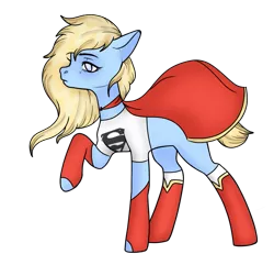 Size: 1031x994 | Tagged: safe, artist:irennecalder, artist:klewgcg, derpibooru import, oc, oc:kara krypta, unofficial characters only, earth pony, pony, base used, blank flank, boots, cape, clothes, dc comics, female, fingerless gloves, gloves, mare, raised hoof, shirt, shoes, simple background, socks, solo, supergirl, t-shirt, transparent background, white socks