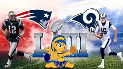 Size: 1267x713 | Tagged: safe, artist:mlpfan3991, derpibooru import, oc, oc:flare spark, pony, american football, cheerleader, football, jared goff, los angeles rams, new england patriots, sports, super bowl, super bowl liii, tom brady