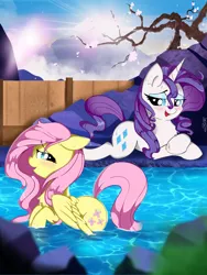 Size: 3000x4000 | Tagged: safe, artist:saralien, derpibooru import, fluttershy, rarity, pegasus, pony, unicorn, cherry blossoms, duo, eyes on the prize, female, flower, flower blossom, hot springs, japan, mare, mist, mountain, neighpon, onsen, relaxing, rock, smiling, tree, water, wet, wet mane