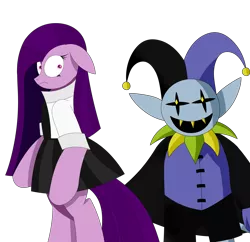 Size: 3000x2900 | Tagged: safe, derpibooru import, oc, oc:visionwing, pony, creeped out, deltarune, front view, jevil, side view, simple background, standing, tiny pupils, wide eyes