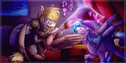 Size: 1890x950 | Tagged: safe, artist:phantomlemon, derpibooru import, oc, oc:aurryhollows, oc:foxyhollows, pony, collar, cute, female, foxrry, guitar, love, male, mare, music, musical instrument, oc x oc, roleplaying, romantic, shipping, stallion, straight