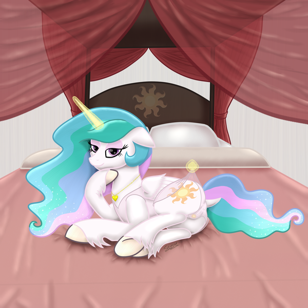 Size: 3000x3000 | Tagged: suggestive, alternate version, artist:serenepony, deleted from derpibooru, derpibooru import, princess celestia, pony, bed, bedroom eyes, clothes, female, jewelry, lingerie, magic, mare, necklace, panties, stupid sexy celestia, underwear, unshorn fetlocks, white underwear