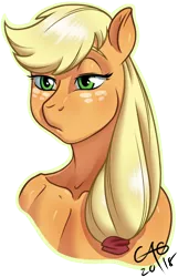 Size: 496x771 | Tagged: anthro, applejack, artist:minipicaso, bemused, bust, derpibooru import, implied nudity, safe, signature, simple background, solo, white background
