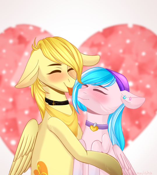 Size: 687x765 | Tagged: safe, artist:mavisha, derpibooru import, oc, oc:aurryhollows, oc:foxyhollows, unofficial characters only, pony, collar, commission, cuddling, cute, foxrry, licking, male, oc x oc, shipping, stallion, tongue out, wings, ych result
