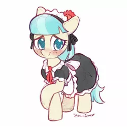 Size: 1638x1638 | Tagged: safe, artist:dawnfire, derpibooru import, coco pommel, earth pony, pony, blushing, clothes, cocobetes, colored pupils, cute, daaaaaaaaaaaw, female, french maid, maid, mare, raised hoof, signature, simple background, smiling, solo, white background