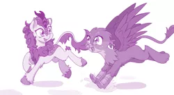 Size: 2835x1548 | Tagged: safe, artist:dstears, derpibooru import, autumn blaze, gabby, gryphon, kirin, sounds of silence, awwtumn blaze, cloven hooves, cute, duo, duo female, excited, eye contact, female, gabbybetes, happy, it begins, jumping, kirinbetes, leaping, leg fluff, looking at each other, looking back, monochrome, open mouth, puddle, raised hoof, raised leg, running, simple background, smiling, splashing, spread wings, unshorn fetlocks, white background, wings