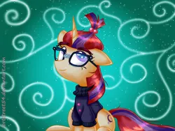 Size: 1024x768 | Tagged: safe, artist:lortstreet54, derpibooru import, moondancer, pony, unicorn, clothes, cute, dancerbetes, floppy ears, sitting, solo, sweater