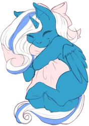 Size: 751x1063 | Tagged: safe, derpibooru import, oc, oc:fleurbelle, alicorn, pony, adorabelle, adorable face, alicorn oc, bow, cute, eyes closed, female, hair bow, horn, hug, long hair, long mane, long tail, mare, pillow, pillow hug, ribbon, sleeping, sleepy, sweet, wings