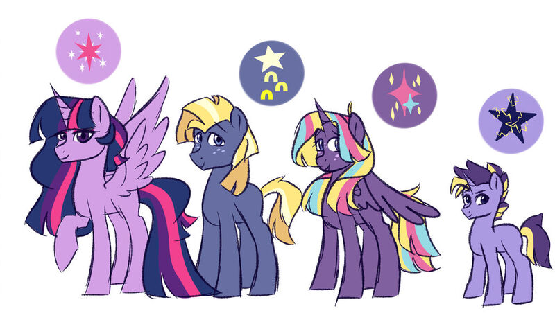 Size: 1024x591 | Tagged: safe, artist:ziavanilla, derpibooru import, star tracker, twilight sparkle, twilight sparkle (alicorn), oc, oc:eletrick fall, oc:star swirl, alicorn, earth pony, pony, unicorn, cutie mark, female, male, offspring, older, older twilight, parent:star tracker, parent:twilight sparkle, parents:twitracker, shipping, simple background, straight, twitracker, white background