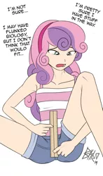 Size: 566x960 | Tagged: suggestive, artist:pshyzomancer, color edit, derpibooru import, edit, editor:deserter, sweetie belle, human, equestria girls, armpits, booty shorts, breasts, clothes, colored, denim shorts, dialogue, humanized, implied lolicon, implied sex, light skin, measuring, not going to fit, ruler, sexy, shorts, small breasts, tanktop, too big