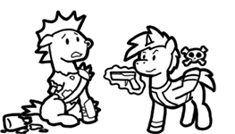 Size: 263x150 | Tagged: semi-grimdark, artist:crazyperson, derpibooru import, oc, unofficial characters only, pony, unicorn, fallout equestria, fallout equestria: commonwealth, amputation, amputee, black and white, bone, clothes, duo, fanfic art, generic pony, grayscale, gun, handgun, magic, magic aura, monochrome, nose piercing, nose ring, picture for breezies, piercing, pistol, raised hoof, simple background, stump, telekinesis, transparent background, vault suit, weapon