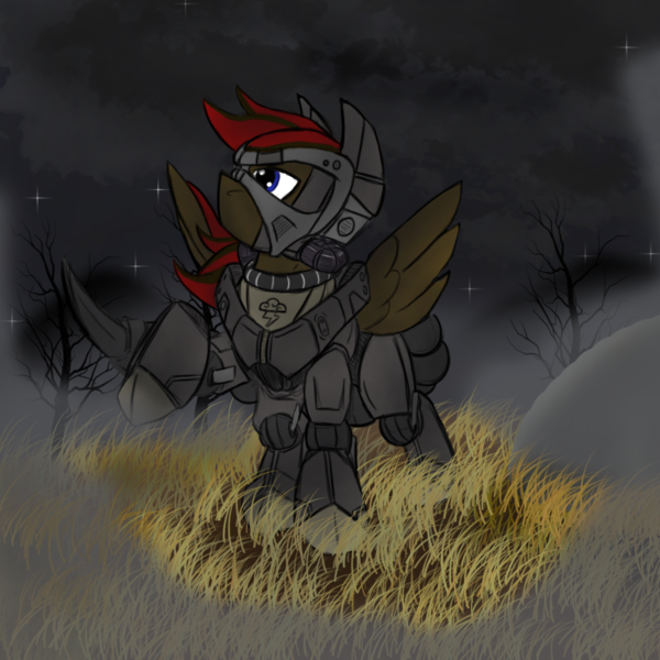 Size: 1000x1000 | Tagged: safe, artist:devorierdeos, derpibooru import, oc, oc:lengard, unofficial characters only, pegasus, pony, fallout equestria, fanfic, armor, cloud, cloudy, dashite, dead tree, enclave armor, fanfic art, grass, hooves, male, night, power armor, raised hoof, solo, spread wings, stallion, stars, tree, wings