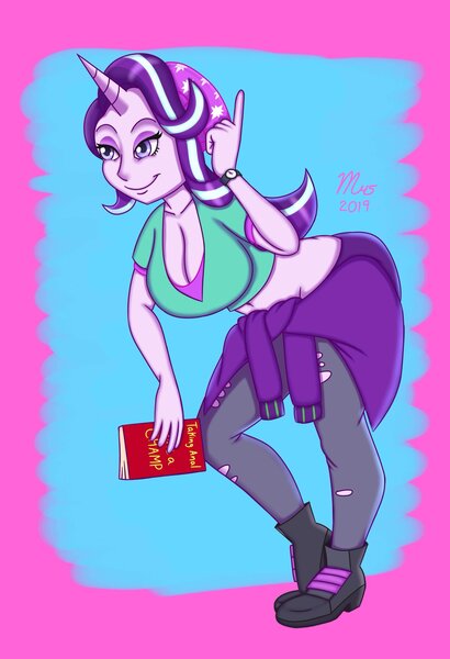 Size: 1400x2048 | Tagged: anthro, artist:marches45, beanie, book, boots, breasts, busty starlight glimmer, cleavage, clothes, derpibooru import, female, glim glam, hat, hoodie, horn, horned humanization, human, humanized, imminent anal, implied anal, implied sex, leaning forward, midriff, plantigrade anthro, pointing, pony coloring, ripped pants, shoes, short shirt, smiling, solo, starlight glimmer, suggestive, watch, wristwatch