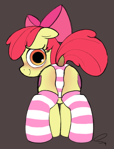 Size: 1425x1849 | Tagged: suggestive, artist:selenophile, derpibooru import, apple bloom, earth pony, pony, bloom butt, blushing, both cutie marks, bow, butt, clothes, dock, female, filly, hair bow, implied foalcon, looking at you, looking back, looking back at you, panties, plot, presenting, raised tail, rear view, socks, solo, striped socks, striped underwear, tail, underwear, younger