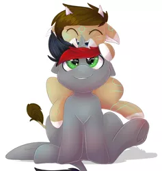 Size: 1482x1562 | Tagged: safe, artist:donutnerd, derpibooru import, oc, oc:cinder smith, oc:rune, unofficial characters only, pony, unicorn, commission, eyes closed, female, filly, friendship, hoof touching, horns, looking up, male, on back, pair, stallion