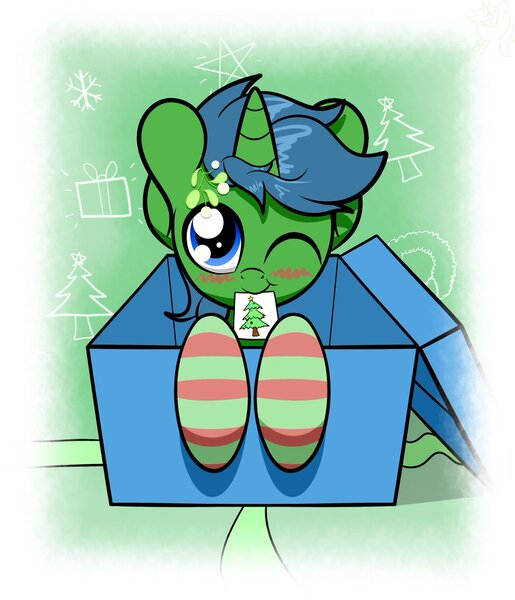 Size: 1029x1200 | Tagged: safe, artist:kimjoman, derpibooru import, oc, oc:alope ruby aspendale, unofficial characters only, pony, unicorn, blue eyes, blushing, box, clothes, cute, drawing, one eye closed, pony in a box, present, socks, solo, striped socks, wink
