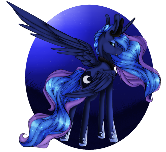 Size: 932x856 | Tagged: safe, artist:theeclipticlion, artist:xxmissteaxx, derpibooru import, princess luna, alicorn, pony, big ears, collaboration, cutie mark, ethereal mane, female, jewelry, lidded eyes, looking at you, mare, night, one wing out, open collaboration, regalia, simple background, solo, starry mane, stars, transparent background, wings